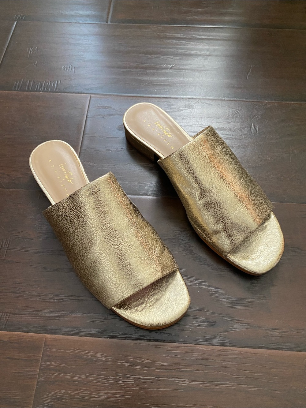 Lord & Taylor 424 Fifth Gold Leather Slide Sandals - Women. Size- 8.5
